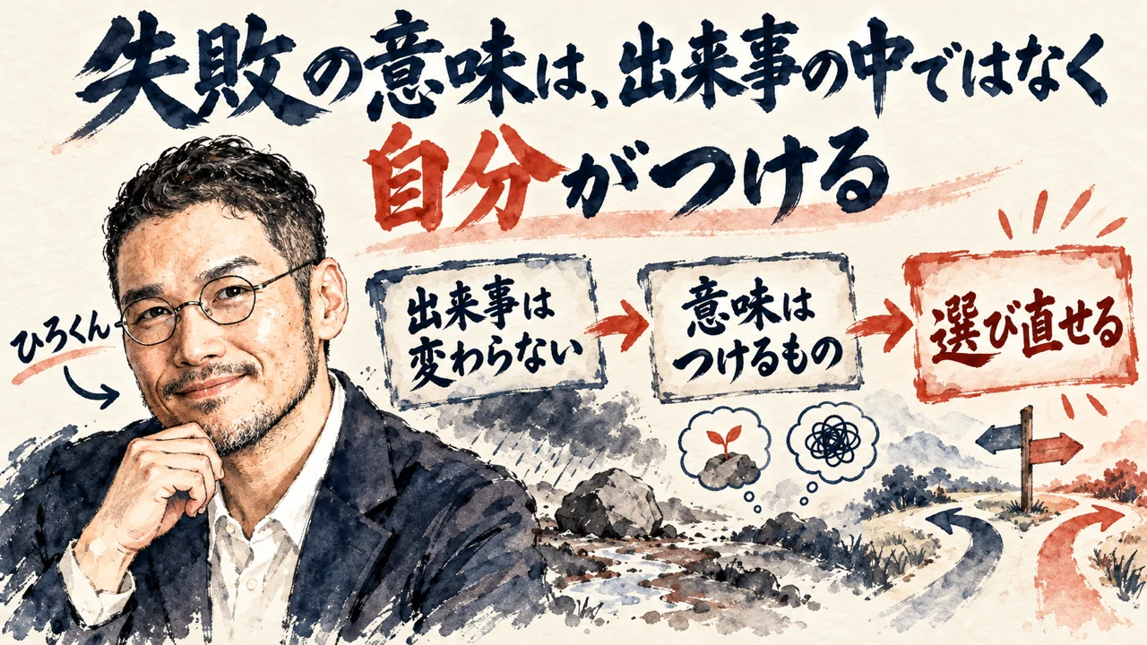 図解。見出しは失敗に意味をつけて価値にする。事実を見る札と味わう札と次の一手の札が並び、ひろくんが三つの札を示している水彩画