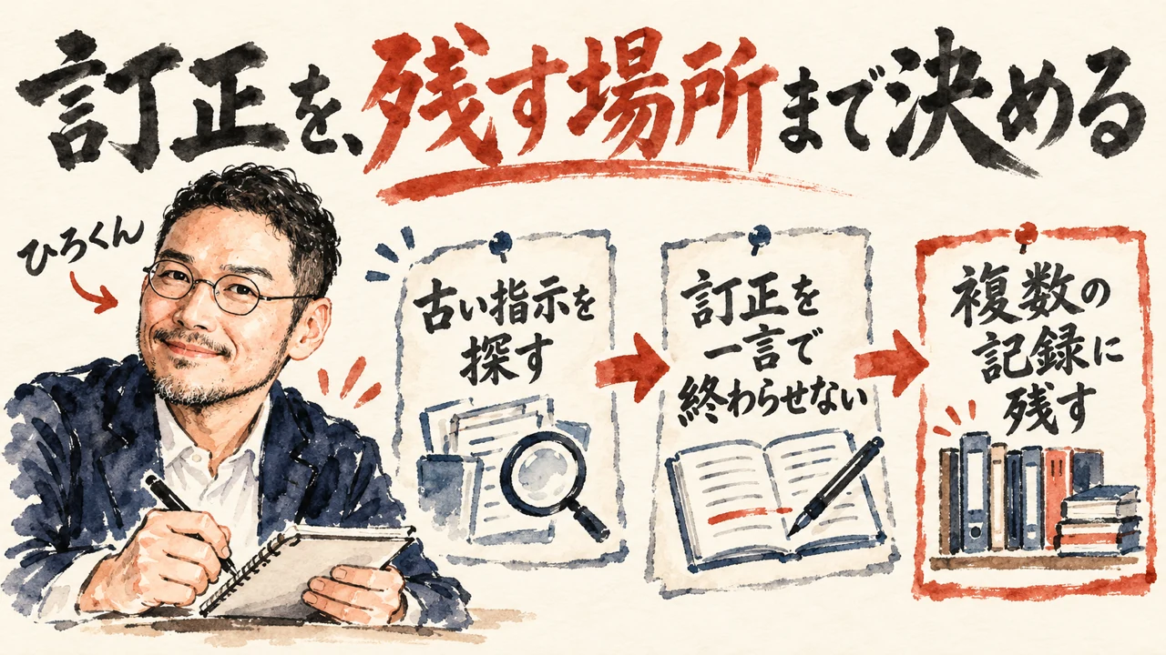 図解。古い指示を探す、訂正を一言で終わらせない、複数の記録に残す、の三つの札が並び、指示を古いまま残さない流れを示す