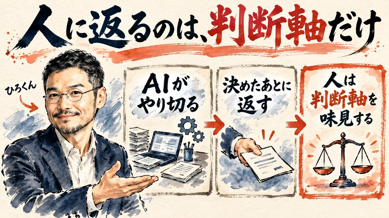 図解。AIがやり切る、決めたあとに返す、人は判断軸を味見する、の三枚の札の流れと、人に返るのは判断軸だけと示す水彩画