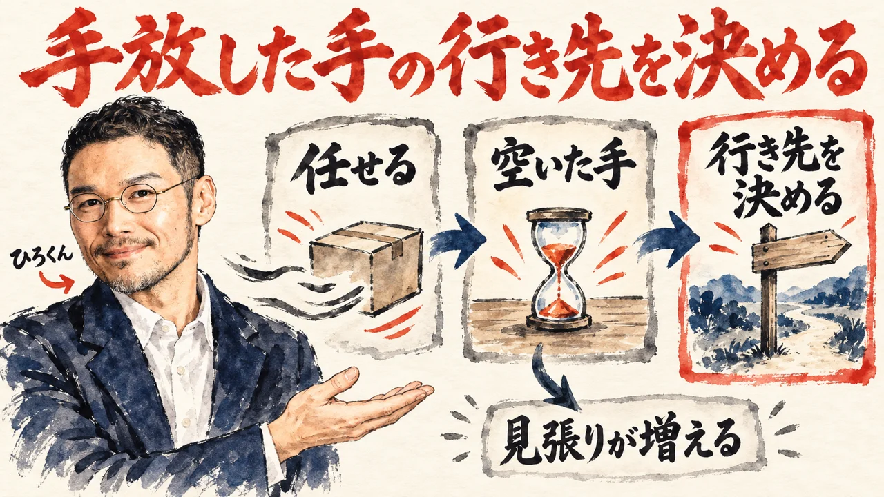 ひろくんが、任せる、空いた手、行き先を決める、の三枚の札を紹介している図解。空いた手から見張りが増える方向へ薄い矢印が流れる
