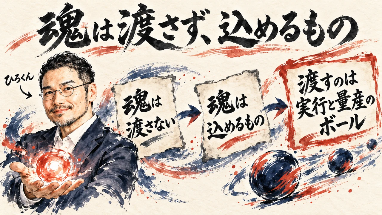 図解。魂は渡さない、魂は込めるもの、渡すのは実行と量産のボール、の三つの札が並び、ひろくんが札を示している水彩画