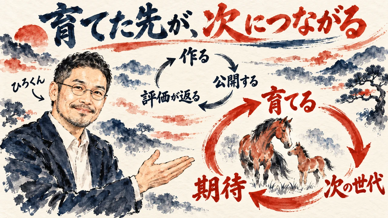 図解。ひろくんが、評価が返る輪と、育てた先が次の世代につながる輪を、二つ並べて紹介している水彩画。下の輪には馬の親子