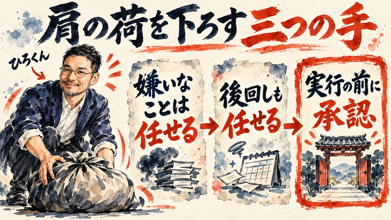 図解。嫌いなことは任せる、後回しも任せる、取り返しのつかない操作の前は承認、の三つの札が並び、肩の荷を下ろす順番を示す