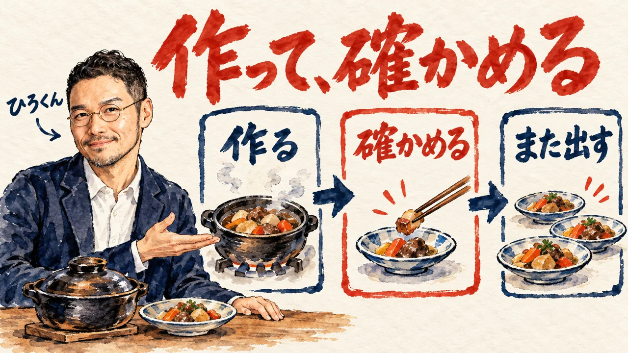 ひろくんが、作る、確かめる、また出す、の三枚の札を紹介している図解。台所の机に小さな土鍋と皿が並ぶ