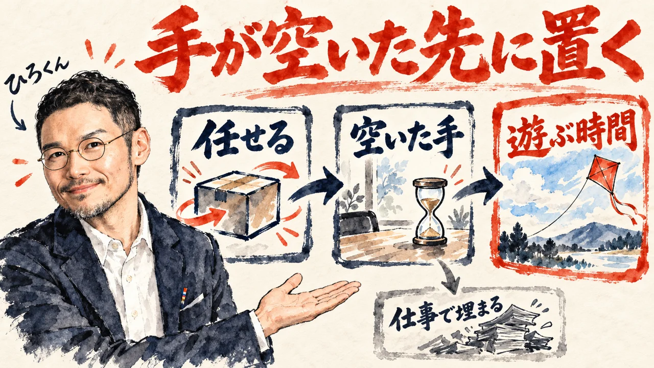 ひろくんが、任せる、空いた手、遊ぶ時間、の三枚の札を紹介している図解。空いた手から仕事で埋まる方向へ薄い矢印が流れる