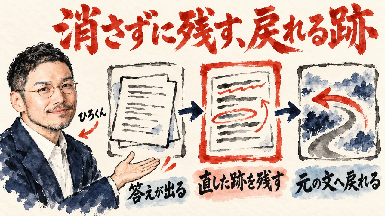 ひろくんが、答えが出る、直した跡を残す、元の文へ戻れる、の三枚の札を紹介している図解。中央の札だけ朱色の枠で、元の文の上に書き足しの線が入る