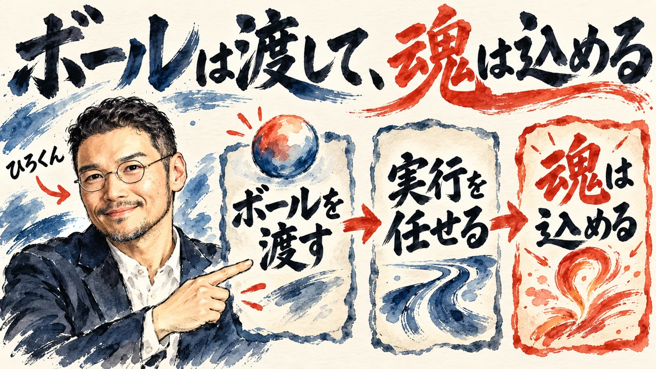 図解。ひろくんが、実行のボールを手放し、魂を手元に置く場面を描いた水彩画