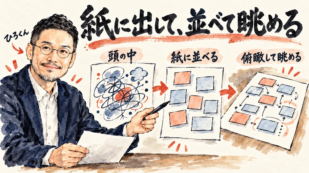 図解。ひろくんが紙とペンで頭の中を書き出して並べ、俯瞰して眺める水彩画