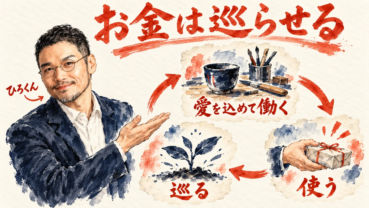ひろくんが、愛を込めて働く、使う、巡る、の三枚の札が輪になってつながる図を紹介している図解