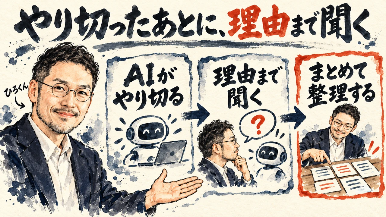 図解。AIがやり切ったあとに、人が理由まで聞いて、まとめて整理する流れを、ひろくんが紹介する水彩画で描いた図