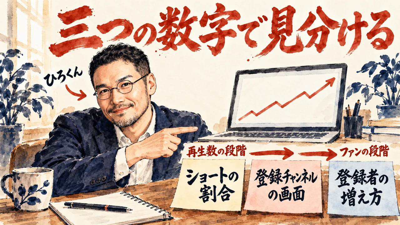 ひろくんが机で、ノートPCの画面を指さしながら、三枚の付箋に書いた三つの目印を見せている水彩のイラスト。付箋は、ショートの割合、登録チャンネルの画面、登録者の増え方