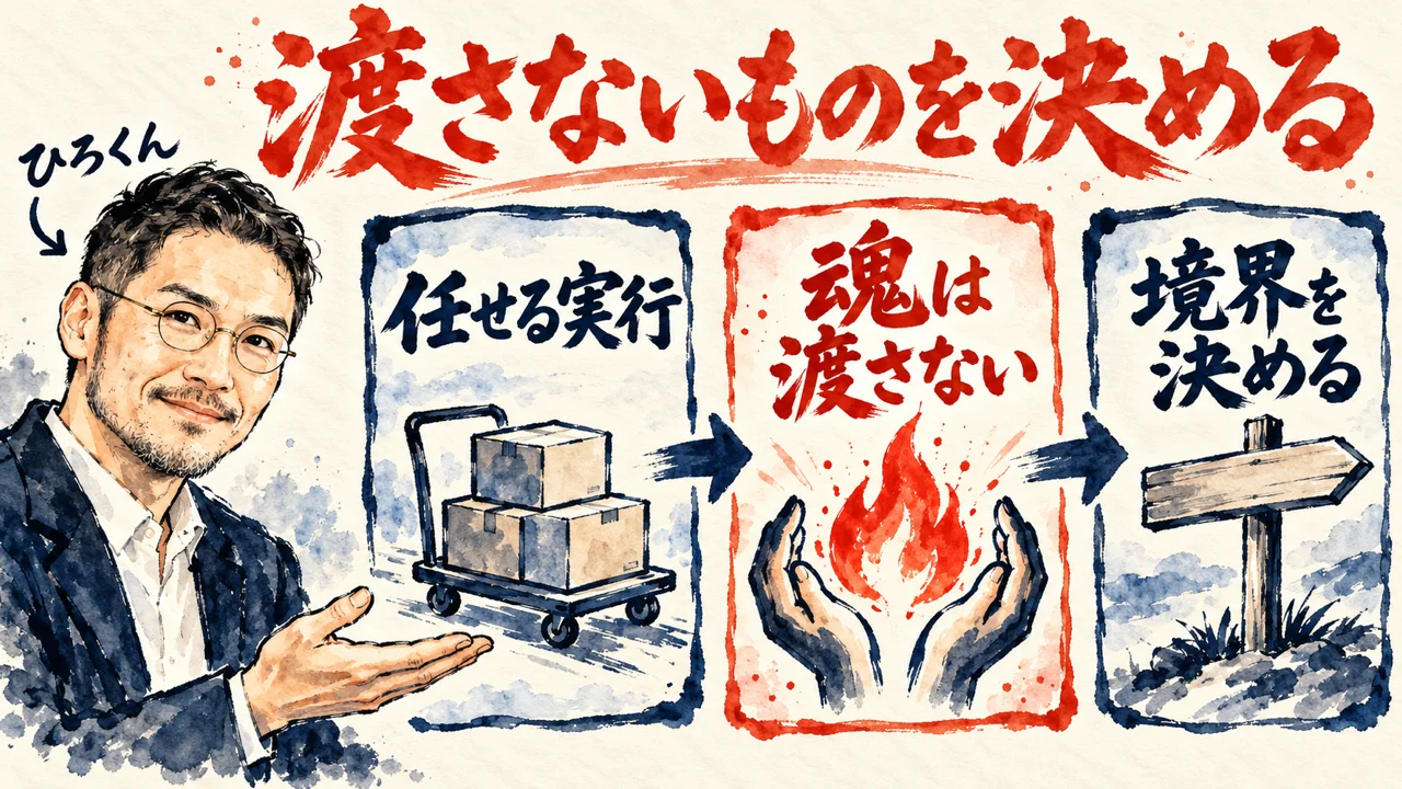 ひろくんが、任せる実行、魂は渡さない、境界を決める、の三枚の札を紹介している図解。中央の札には小さな炎が描かれている