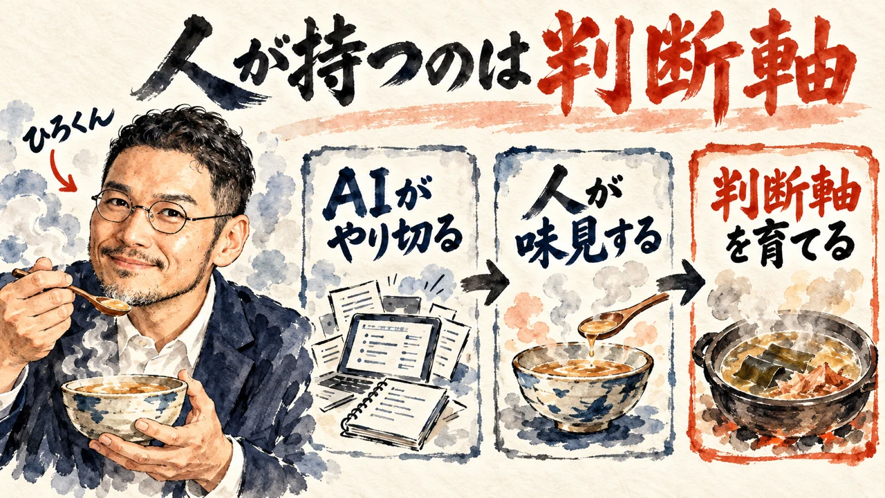 図解。AIがやり切る、人は判断軸を味見する、判断軸を育てる、の三つの札が並び、人が持つ所を示す
