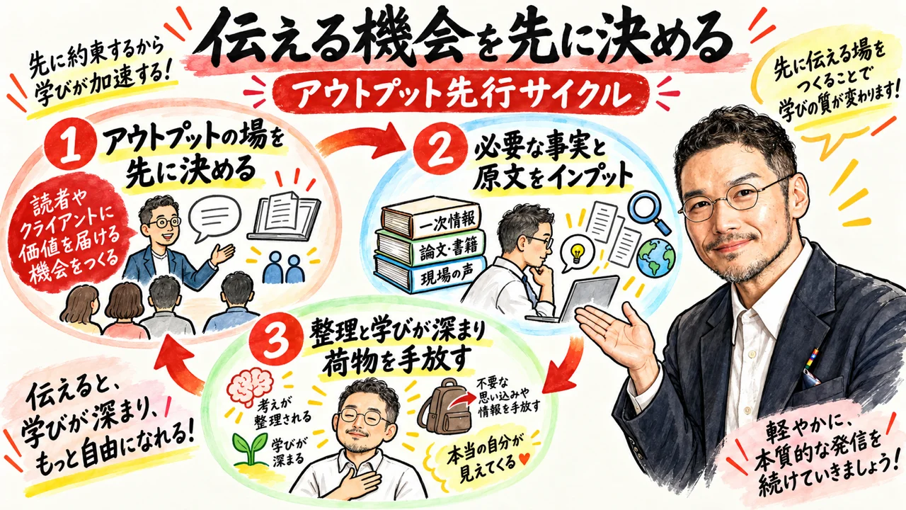 ひろくんコラム｜伝える機会を先に決めるアウトプット先行サイクルの図解