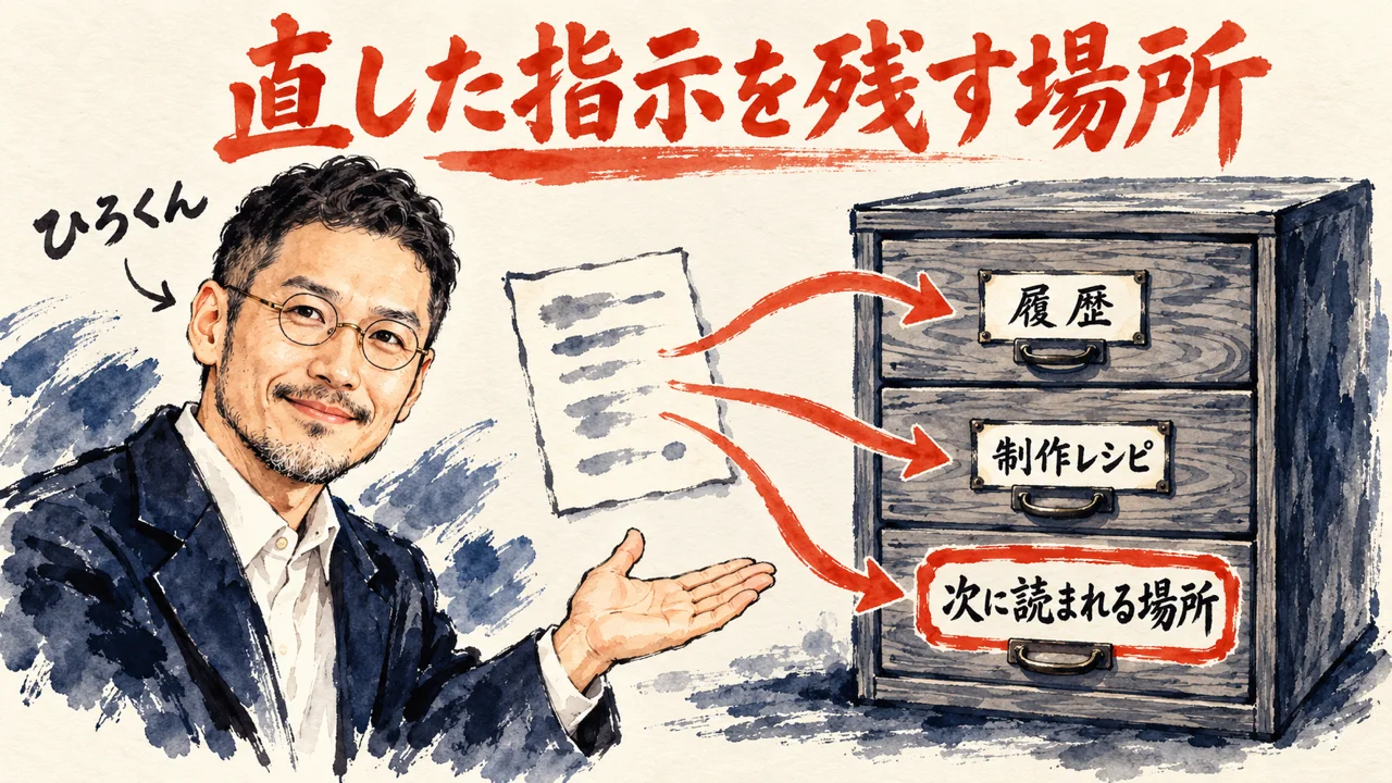 ひろくんが、履歴、制作レシピ、次に読まれる場所の三つの引き出しが並ぶ棚を紹介している図解