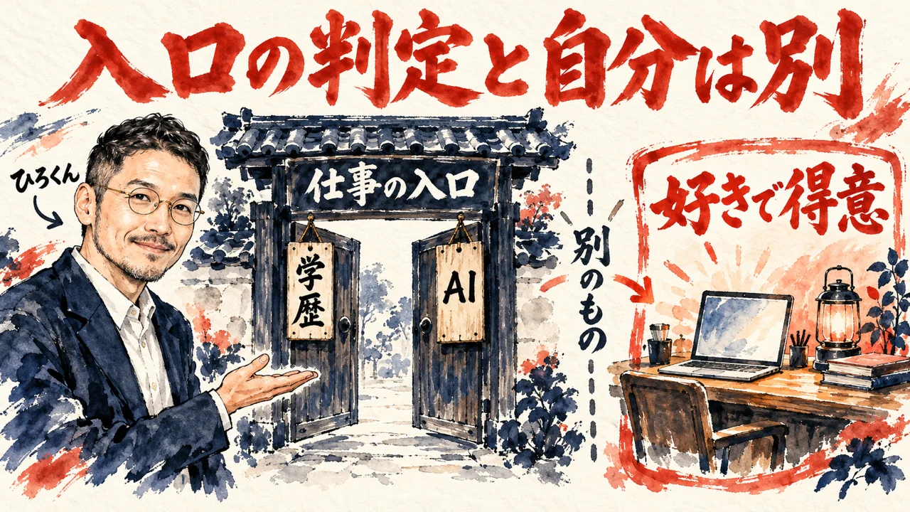 ひろくんが、学歴とAIの札がかかった仕事の入口の門と、その外にあるノートPCと灯りの机の好きで得意を紹介し、二つは別のものと示す図解