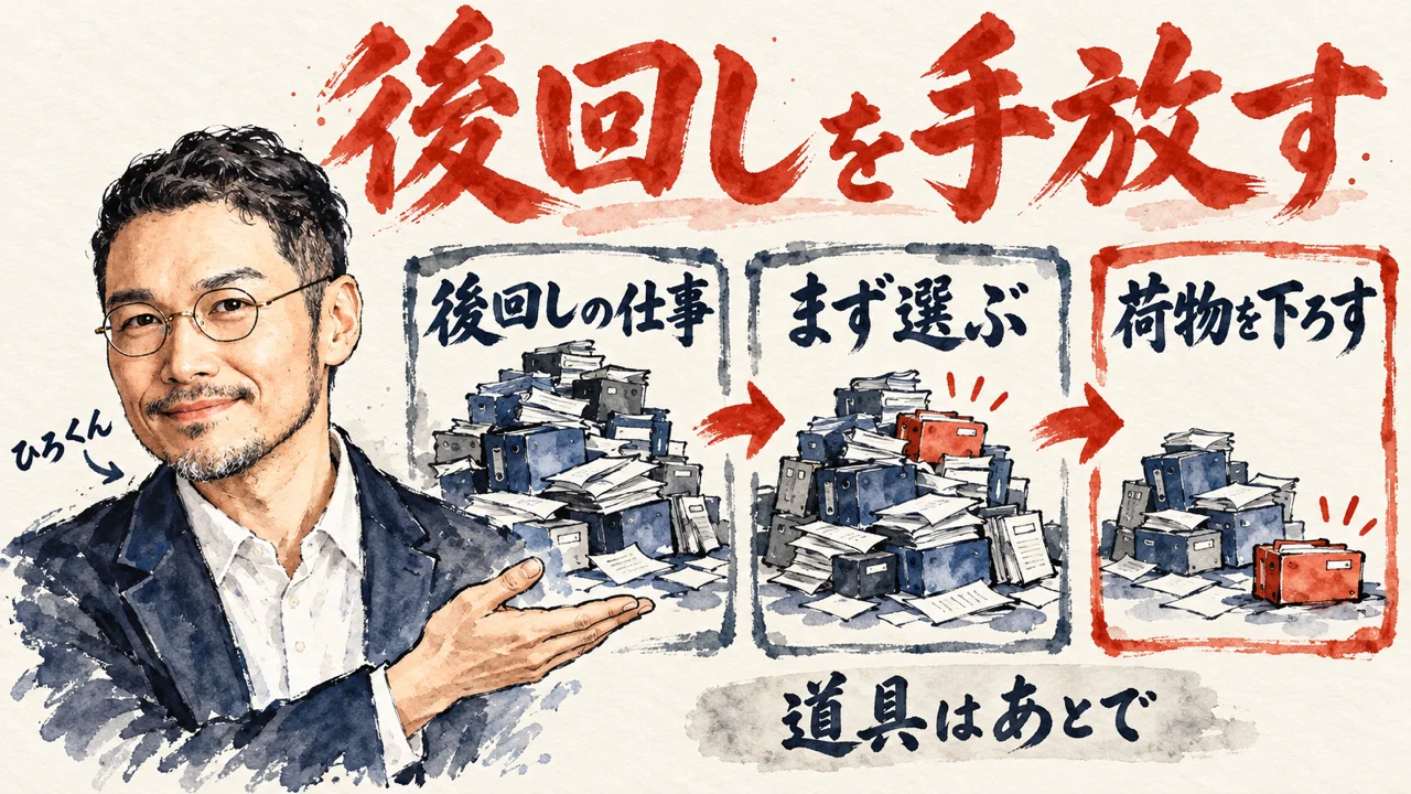 ひろくんが、後回しの仕事、まず選ぶ、荷物を下ろす、の三枚の札を紹介している図解。下に、道具はあとで、の薄い札