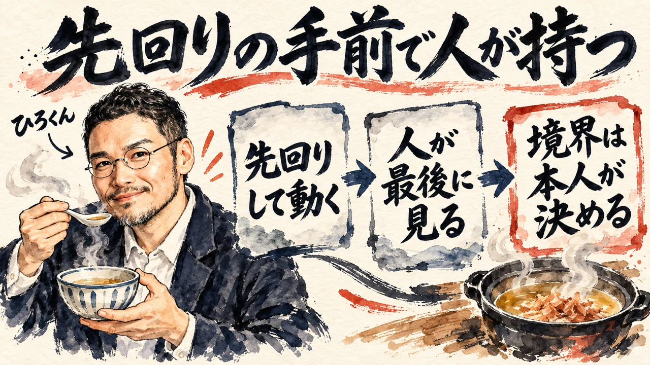 図解。先回りして動く、人が最後に見る、境界を本人が決める、の三つの札が並ぶ