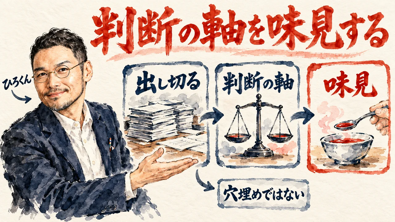 ひろくんが、出し切る、判断の軸、味見、の三枚の札を紹介している図解。出し切るの札から穴埋めではない、の薄い札へ細い矢印が流れる
