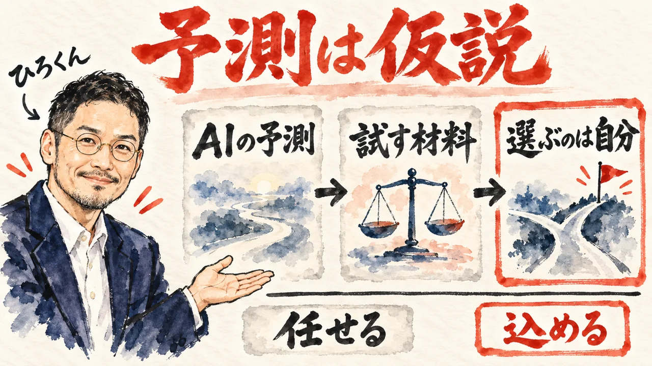 ひろくんが、AIの予測、試す材料、選ぶのは自分、の三枚の札を紹介している図解。下の線の左に任せる、右に込める、の札