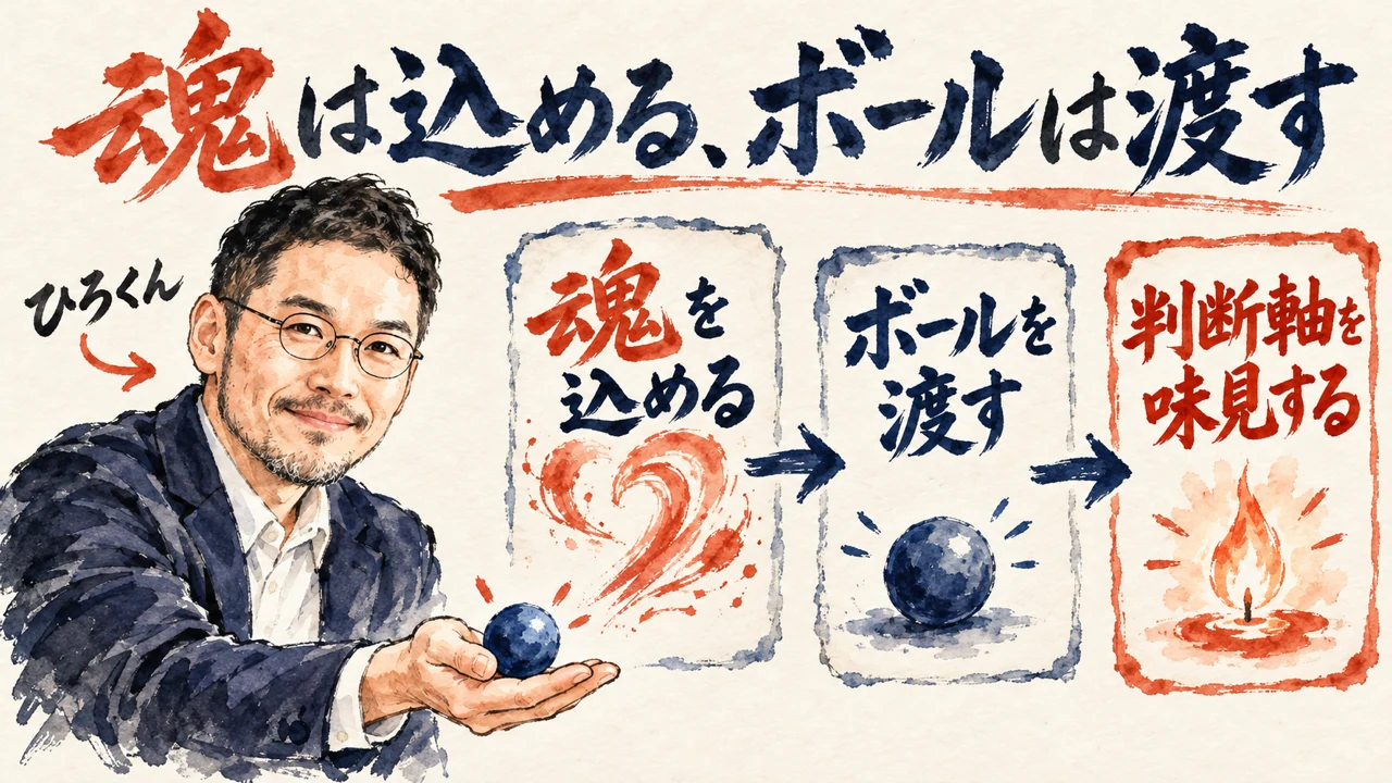 図解。ひろくんが手のひらにボールをのせ、魂を込める、ボールを渡す、判断軸を味見する、の三つの札が並ぶ