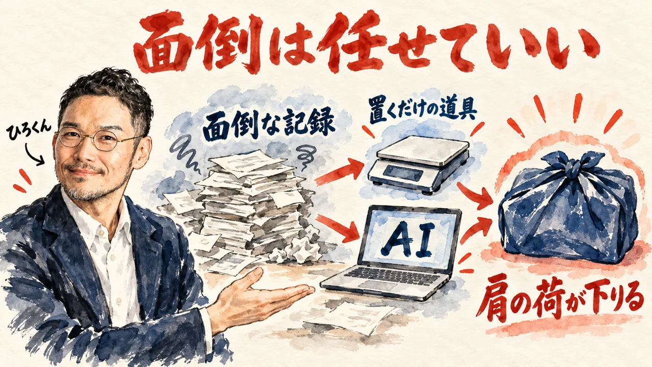 ひろくんが、面倒な記録の紙の山から、置くだけの道具とAIへ任せて、肩の荷が下りる風呂敷包みへ向かう図を紹介している図解