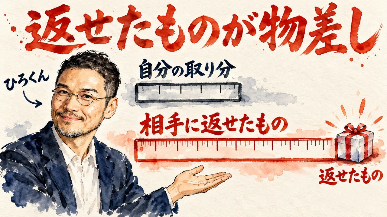 ひろくんが、自分の取り分の短い物差しと、相手に返せたものの長い物差しを見比べて紹介している図解