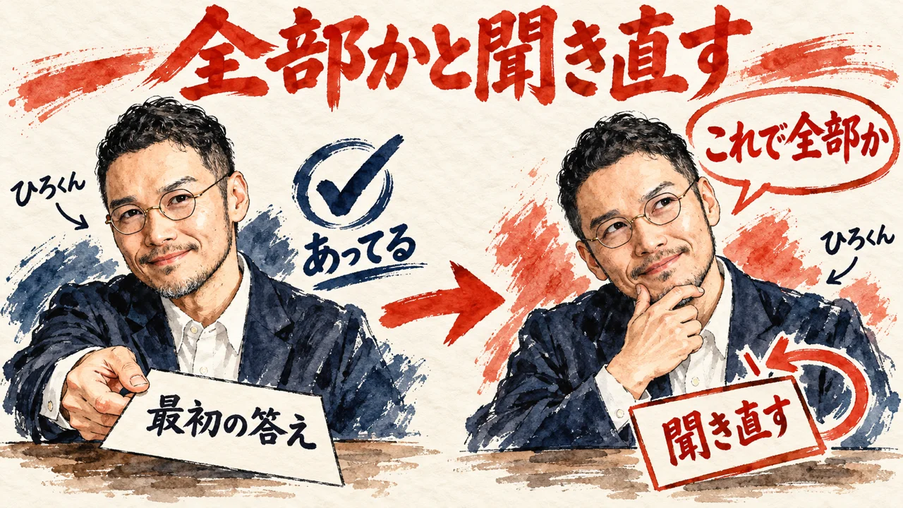 ひろくんが、最初の答えを受け取り、あってると認めたあとに、これで全部かと首をかしげて聞き直す、二コマの図解