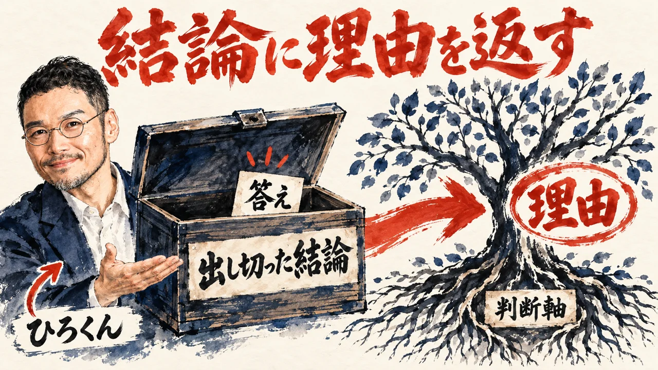 ひろくんが、答えの札が顔を出した出し切った結論の箱を紹介し、右では判断軸の根から理由が大きな木に広がる図解