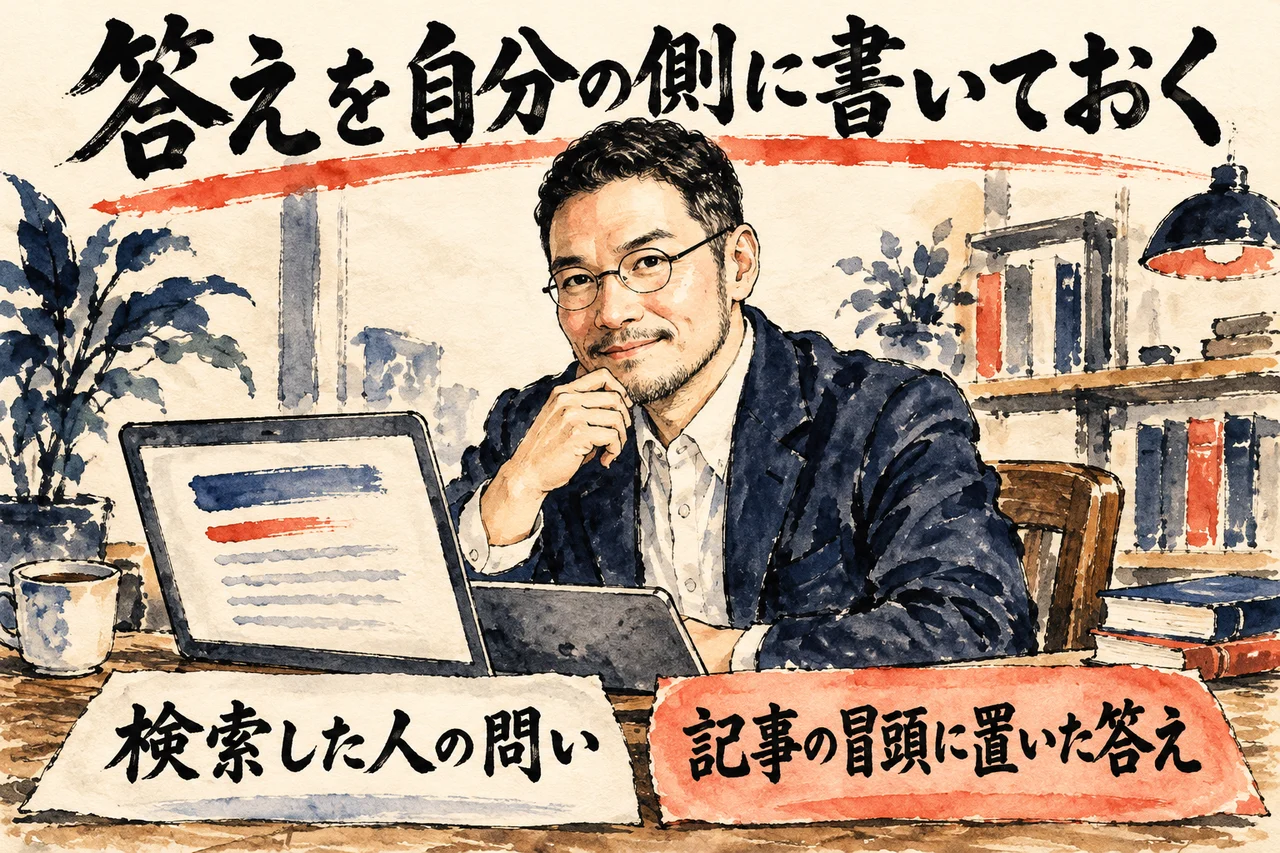 コラムの図解。机に向かう私の前に、検索した人の問いの札と、記事の冒頭に置いた答えの札が並んでいる