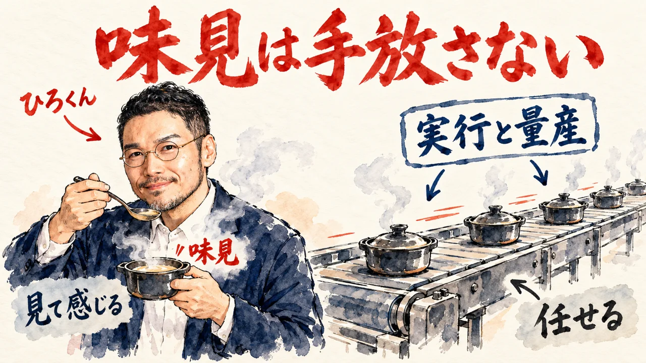 ひろくんが小鍋の味見をし、右では、実行と量産のベルトコンベアに鍋が運ばれていく図解