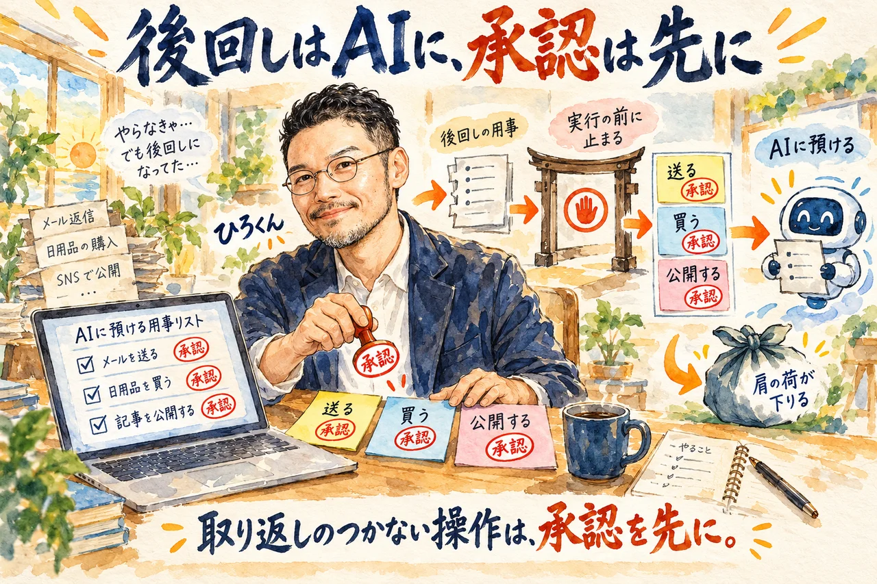 コラム｜後回しはAIに預け、送る・買う・公開する操作は実行の前に承認を取る図