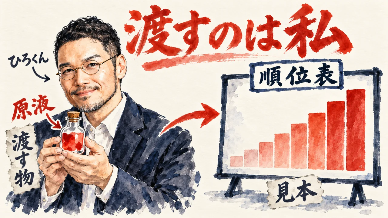 ひろくんが原液の小瓶を持ち、右には、見本の順位表の掲示板がある図解