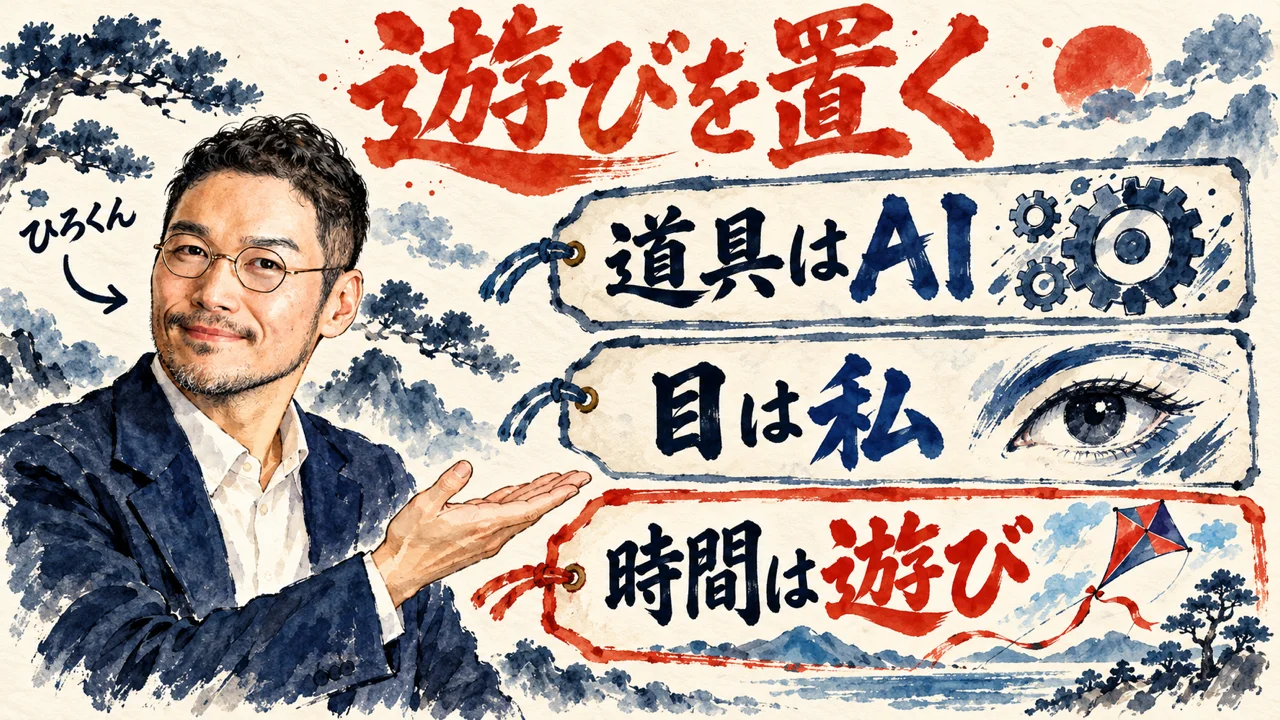 ひろくんが、道具はAI、目は私、時間は遊びの三枚の札を紹介している図解。時間は遊びだけが朱色の枠になっている
