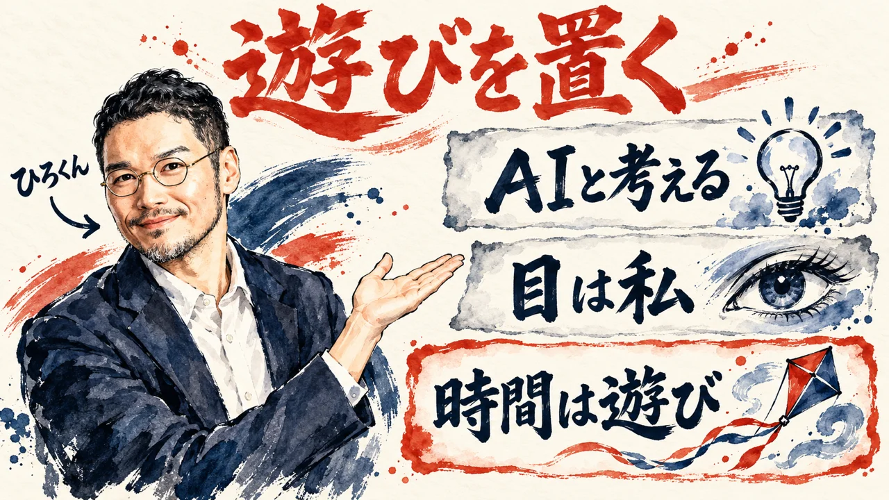 ひろくんが、AIと考える、目は私、時間は遊びの三枚の札を紹介している図解。時間は遊びだけが朱色の枠になっている