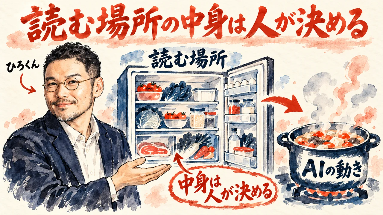 ひろくんが、読む場所の冷蔵庫の中身から、AIの動きの鍋へ矢印が向かう図を紹介している図解。中身は人が決める、の札が添えられている