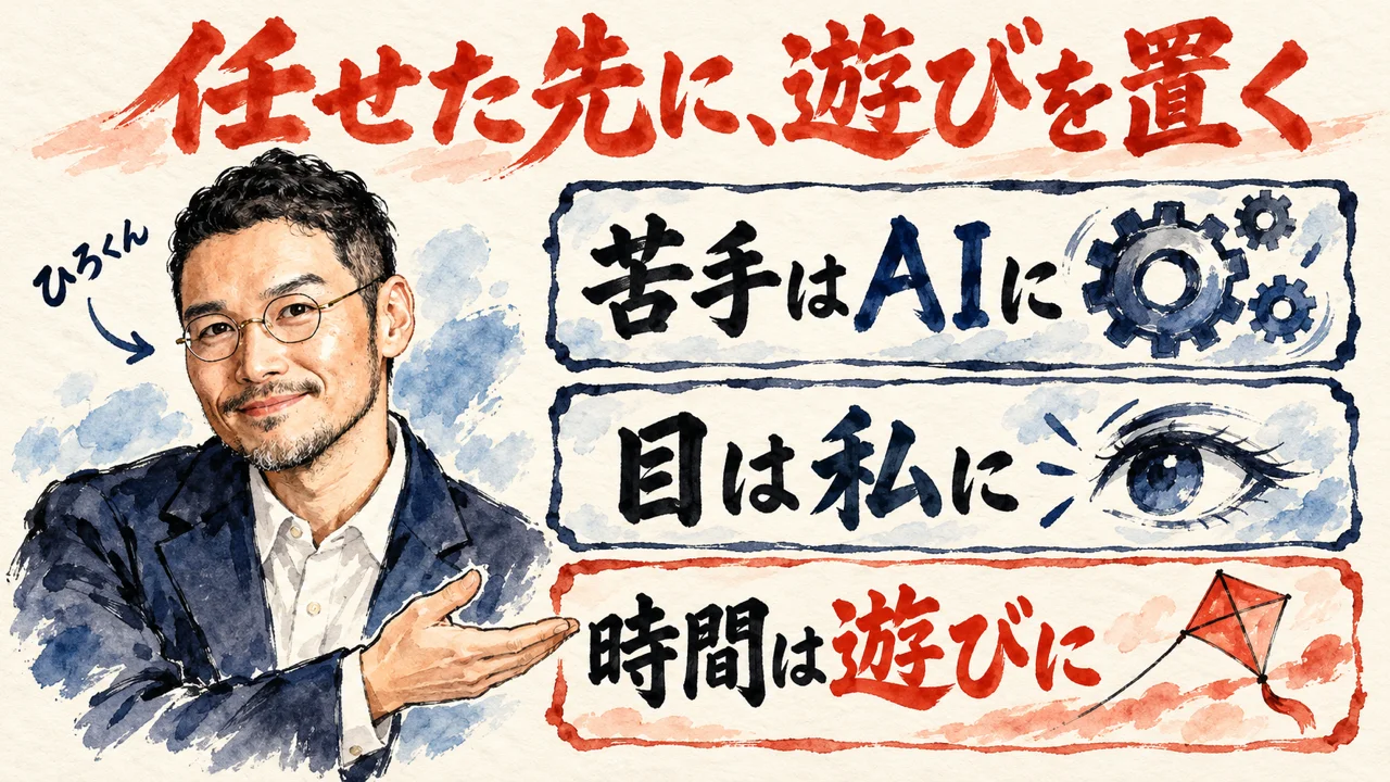 ひろくんが右へ手を差し出し、任せた先に、遊びを置くの題の下に、苦手はAIに、目は私に、時間は遊びにの3枚の札が並ぶ。最後の札には赤い凧
