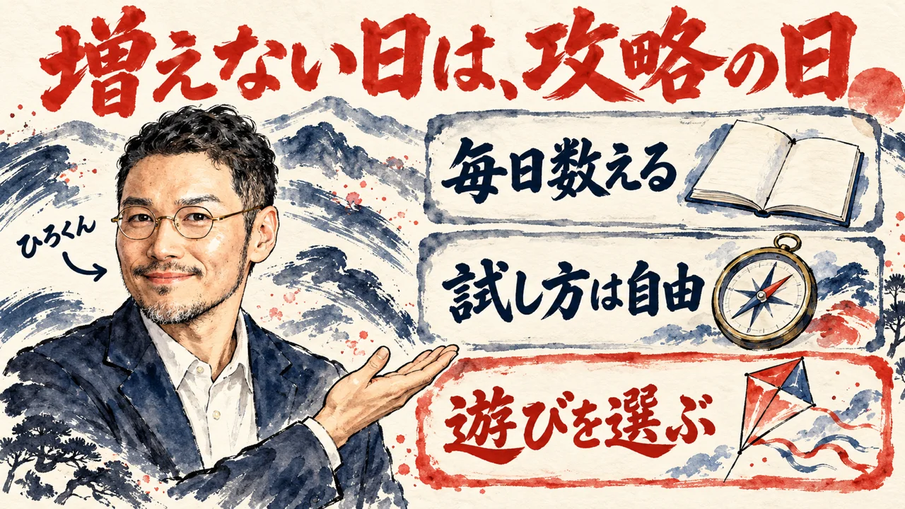 ひろくんが右へ手を差し出し、増えない日は、攻略の日の題の下に、毎日数える、試し方は自由、遊びを選ぶの3枚の札が縦に並ぶ。最後の札には赤い凧