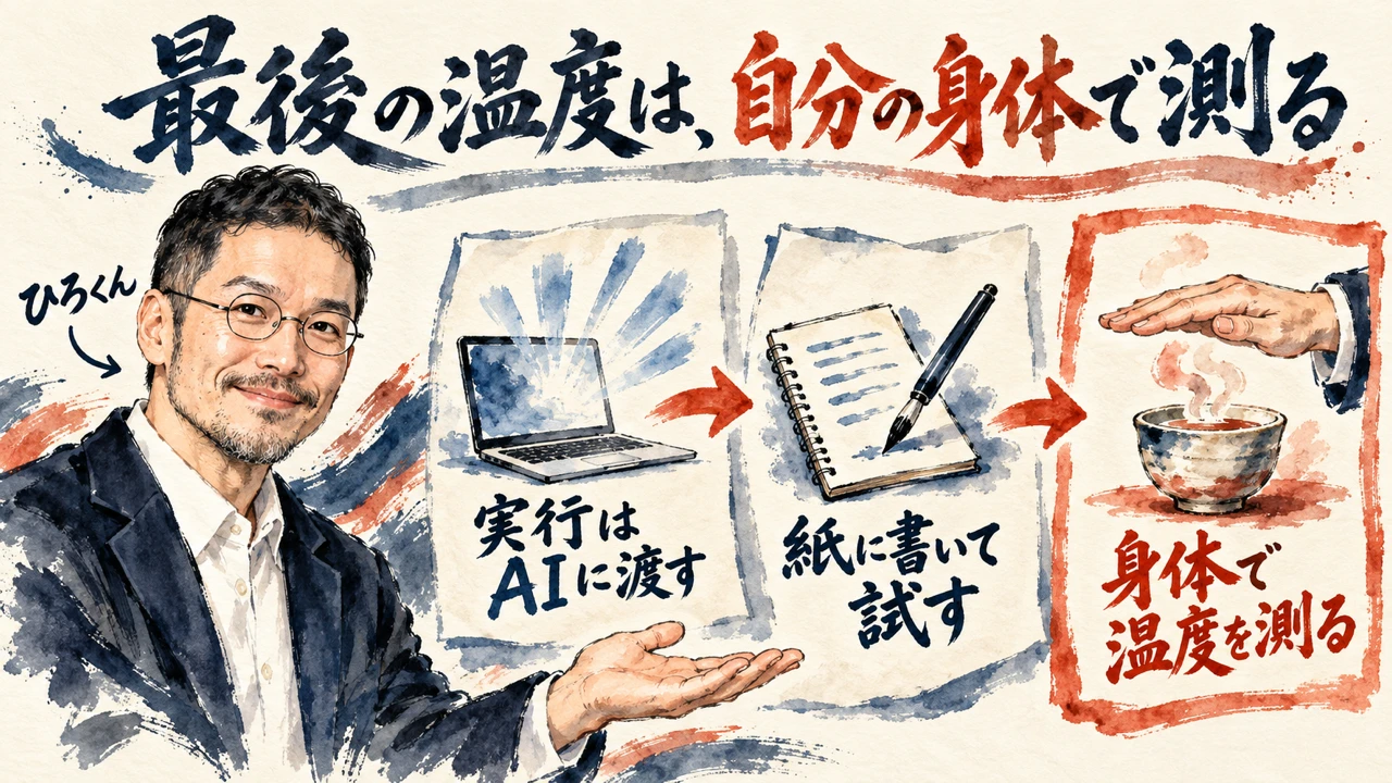 図解。見出しは最後の温度は、自分の身体で測る。左にひろくんの水彩画、右に実行はAIに渡す、紙に書いて試す、身体で温度を測る、の三つの札が矢印で並び、湯気の立つ湯のみに手をかざす絵が描かれている