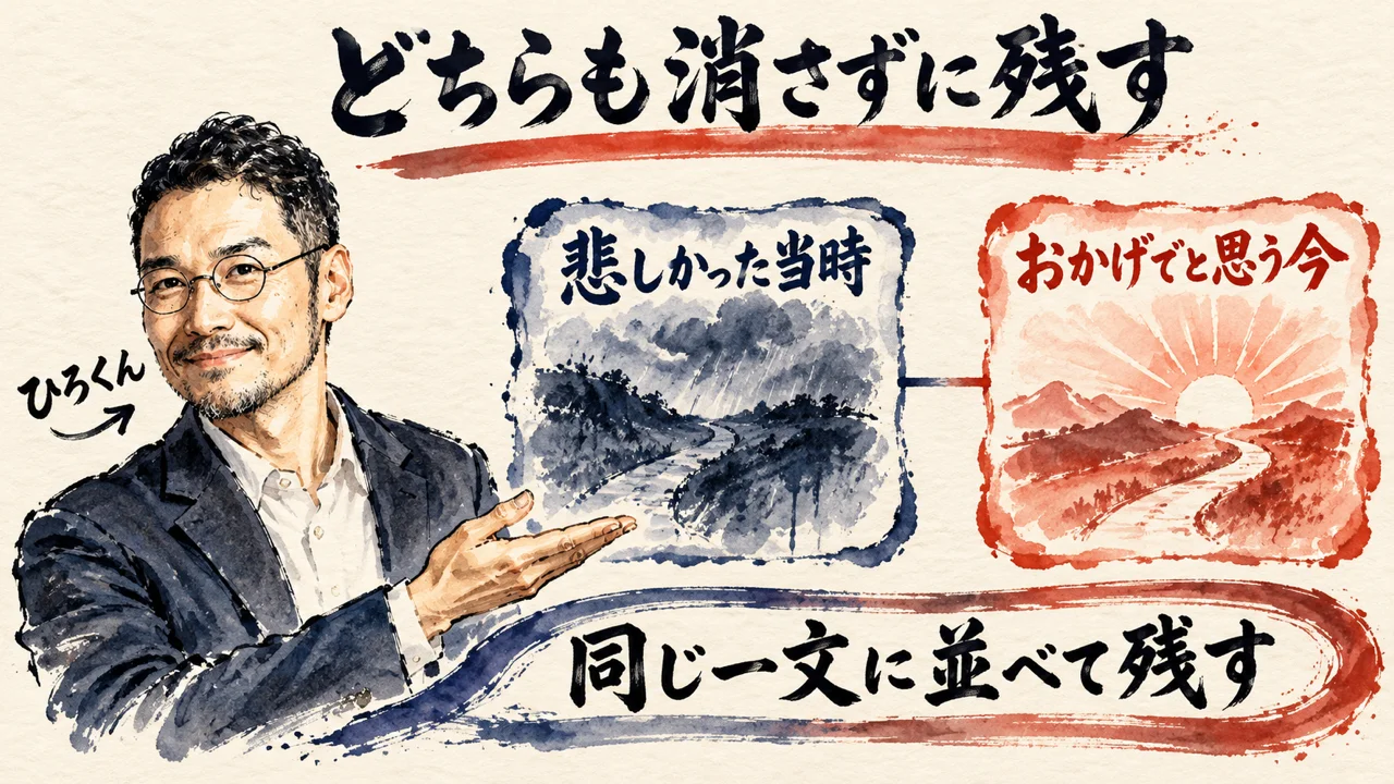 ひろくんが、悲しかった当時の雨の風景の札と、おかげでと思う今の朝日の風景の札を並べて紹介している水彩画。下の帯は、同じ一文に並べて残す