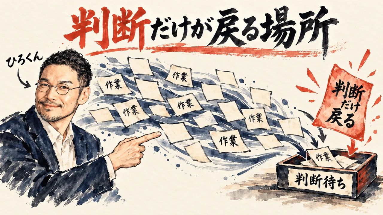 判断だけが戻る場所の図解。左にひろくんが笑顔で、流れていく作業の札を指さしている。右の判断待ちの箱に、判断だけ戻る、と書いた朱色の札が届いている
