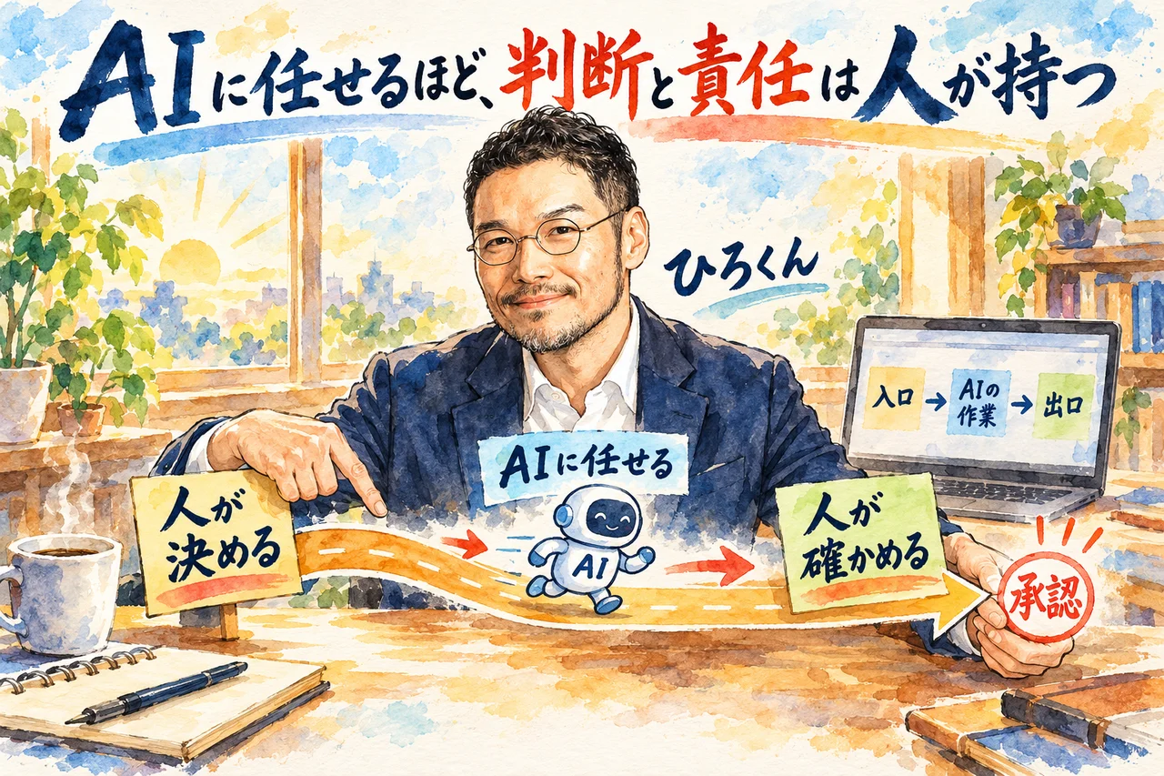 AIに任せるほど、判断と責任は人が持つ｜ひろくんが入口と出口を自分の手で持つ道を指さす場面