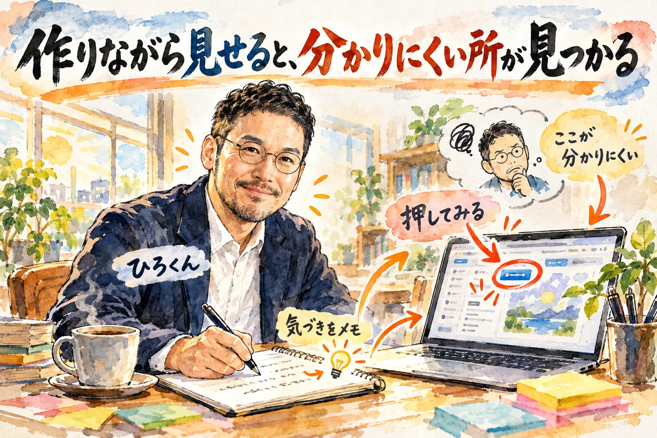 作りながら見せると分かりにくい所が見つかる｜朝の机で気づきを書き留めるひろくん
