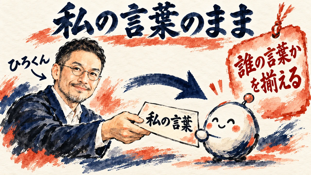 コラムの図解。左で笑顔のひろくんが、私の言葉と書いた札を、右の丸いキャラクターのdotへ渡している。上に私の言葉のまま、右上の朱色の札に誰の言葉かを揃える、と書かれている