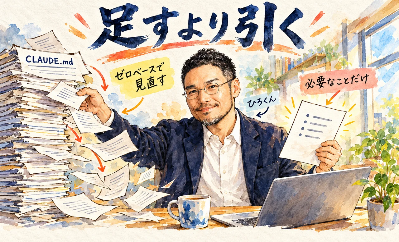 足すより引く｜ひろくんがAIに書かせた長いCLAUDE.mdを削り、必要なことだけの1枚にする場面