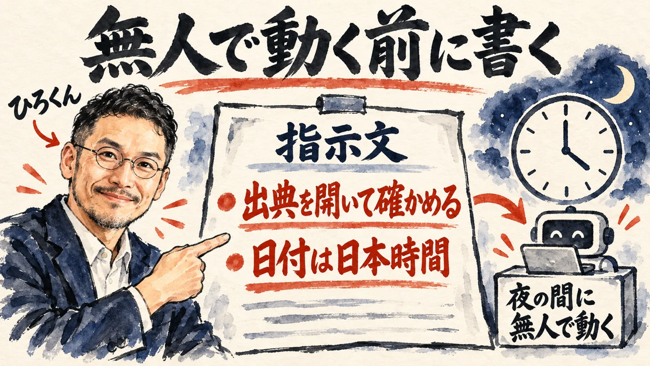 コラムの図解。左にひろくんが笑顔で、一枚の紙の指示書を指している。紙には、出典を開いて確かめる、日付は日本時間、の二行の追記がある。右には夜の時計があり、その下の夜の間に無人で動く小さな箱へ、矢印で流れていく。上に筆文字で、無人で動く前に書く、と添えている