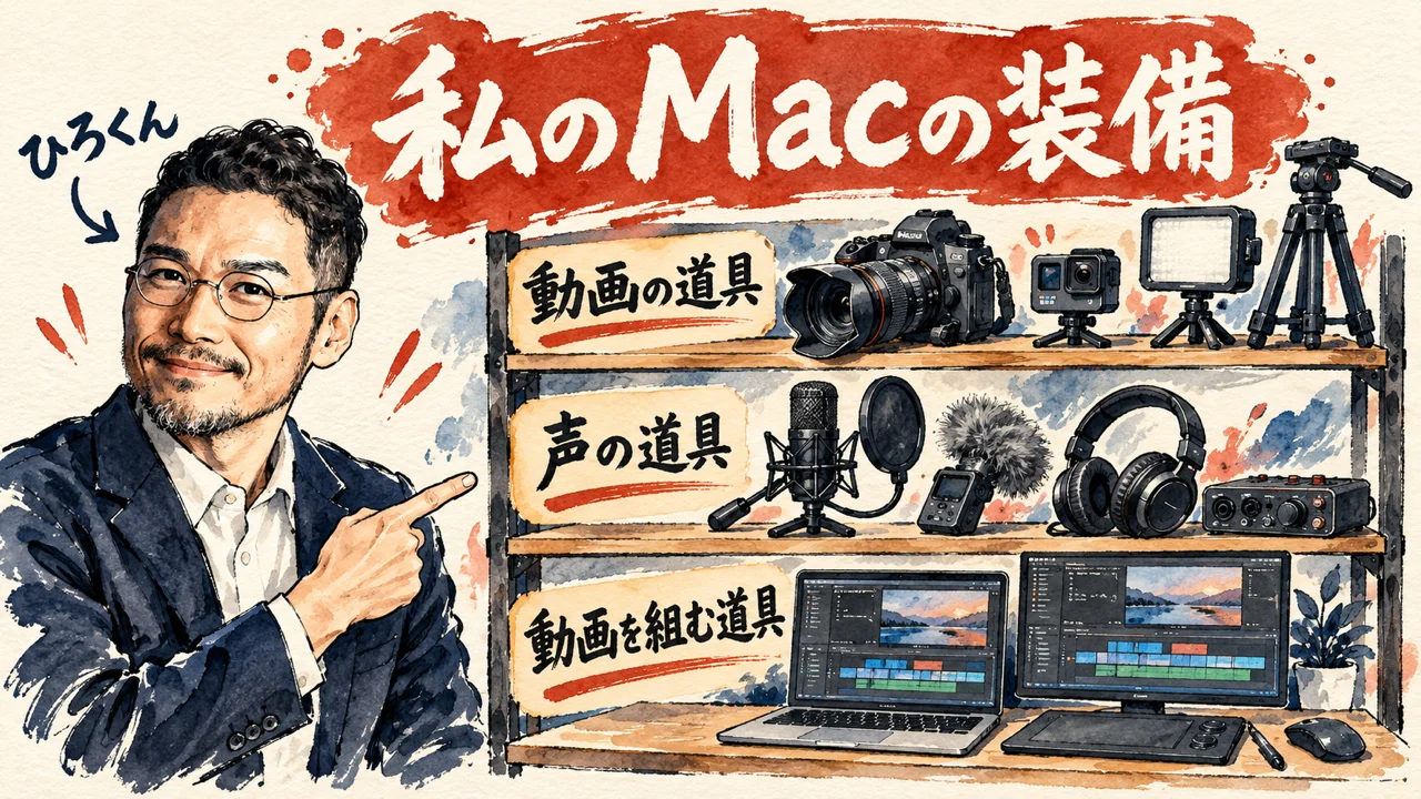 コラムの図解。左で笑顔のひろくんが、Macの装備を並べた棚を指している。棚には動画の道具、声の道具、動画を組む道具の札が三つ並び、上に私のMacの装備、と書かれている