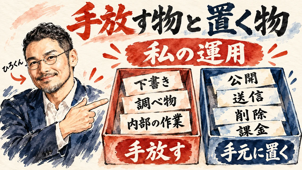 コラムの図解。左で笑顔のひろくんが、右の二つの箱を指している。左の箱に手放す、右の箱に手元に置く、と書かれ、上に私の運用、と書かれた大きな札がある