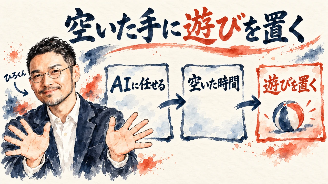 コラムの図解。左にひろくんが笑顔で、空いた手を広げている。右に、AIに任せる、空いた時間、遊びを置く、の三枚の札が矢印でつながり、最後の朱色の札に小さなボールの絵が添えられている