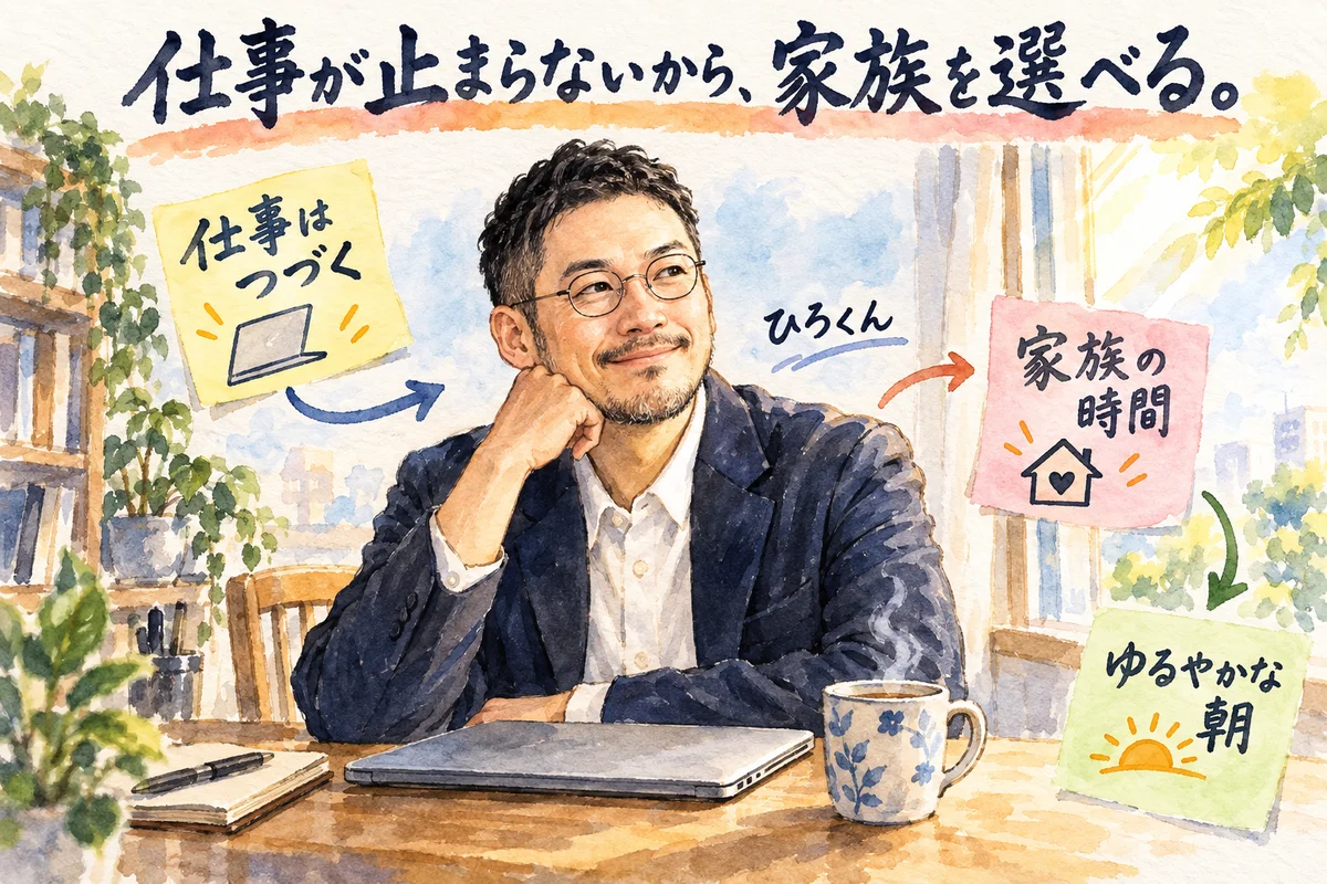 朝の光が差す机で、閉じたノートパソコンの横から窓の外を静かに見つめるひろくんを描いたコラム用グラレコ